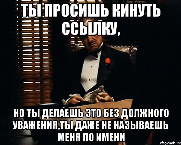 ты просишь кинуть ссылку, но ты делаешь это без должного уважения,ты даже не называешь меня по имени, Мем Дон Вито Корлеоне