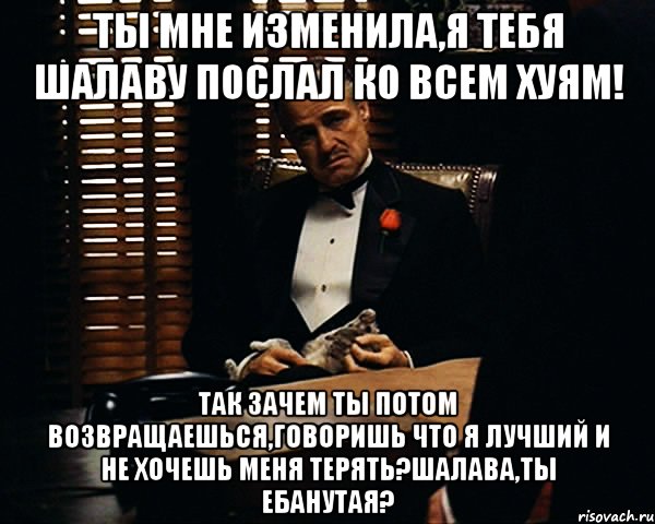 ты мне изменила,я тебя шалаву послал ко всем хуям! так зачем ты потом возвращаешься,говоришь что я лучший и не хочешь меня терять?шалава,ты ебанутая?, Мем Дон Вито Корлеоне