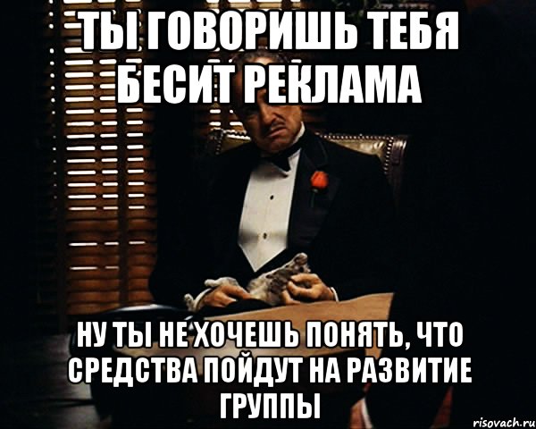 ты говоришь тебя бесит реклама ну ты не хочешь понять, что средства пойдут на развитие группы, Мем Дон Вито Корлеоне