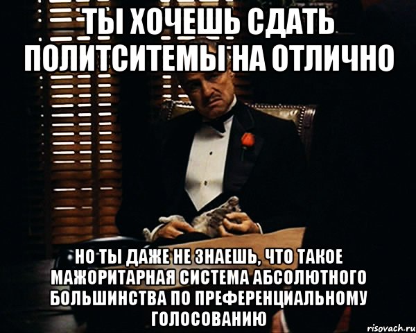 ты хочешь сдать политситемы на отлично но ты даже не знаешь, что такое мажоритарная система абсолютного большинства по преференциальному голосованию, Мем Дон Вито Корлеоне