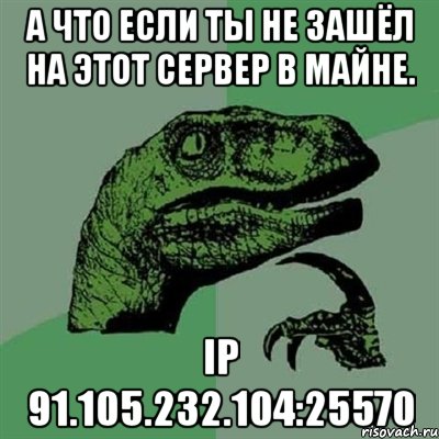 а что если ты не зашёл на этот сервер в майне. ip 91.105.232.104:25570, Мем Филосораптор