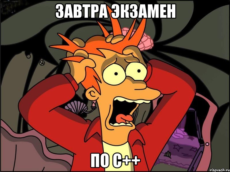 завтра экзамен по с++, Мем Фрай в панике