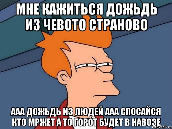 мне кажиться дожьдь из чевото страново ааа дожьдь из людей ааа спосайся кто мржет а то горот будет в навозе, Мем  Фрай (мне кажется или)