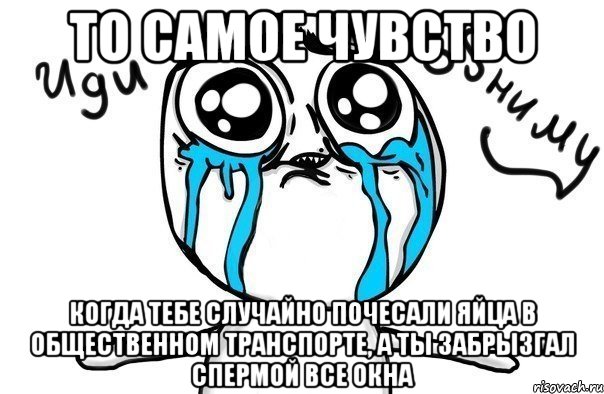 то самое чувство когда тебе случайно почесали яйца в общественном транспорте, а ты забрызгал спермой все окна, Мем Иди обниму