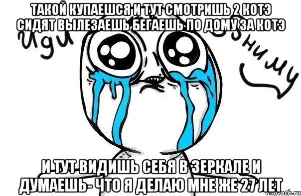 такой купаешся и тут смотришь 2 котэ сидят вылезаешь бегаешь по дому за котэ и тут видишь себя в зеркале и думаешь- что я делаю мне же 27 лет, Мем Иди обниму