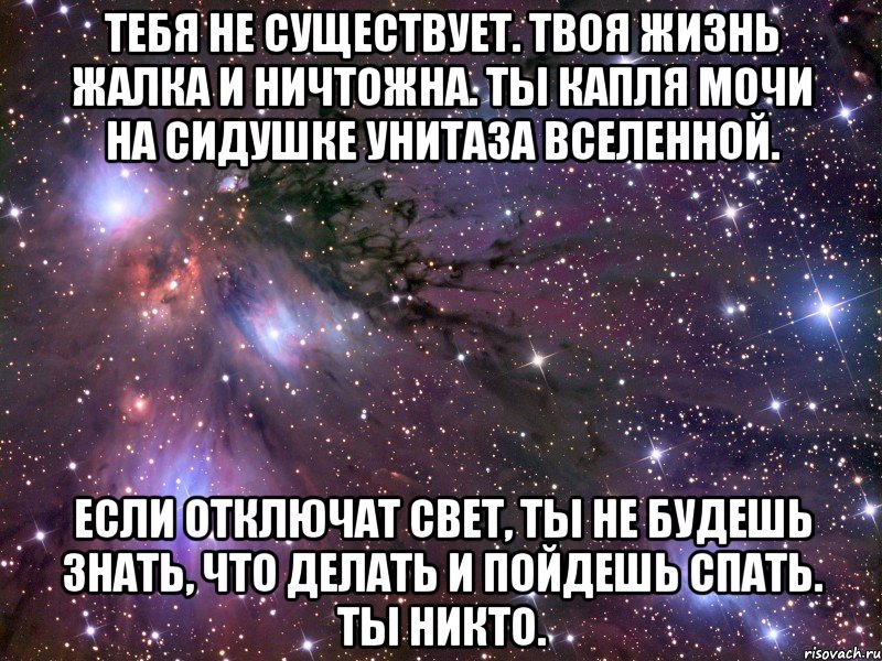 тебя не существует. твоя жизнь жалка и ничтожна. ты капля мочи на сидушке унитаза вселенной. если отключат свет, ты не будешь знать, что делать и пойдешь спать. ты никто., Мем Космос