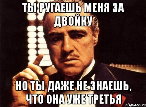 ты ругаешь меня за двойку но ты даже не знаешь, что она уже третья, Мем крестный отец