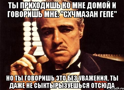 ты приходишь ко мне домой и говоришь мне: "схчмазан гепе" но ты говоришь это без уважения, ты даже не сыктырызуешься отсюда, Мем крестный отец