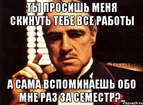 ты просишь меня скинуть тебе все работы а сама вспоминаешь обо мне раз за семестр?.., Мем крестный отец