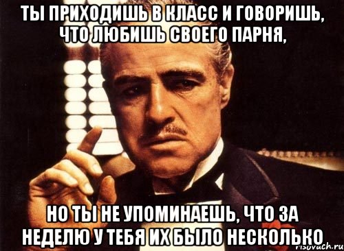 ты приходишь в класс и говоришь, что любишь своего парня, но ты не упоминаешь, что за неделю у тебя их было несколько, Мем крестный отец