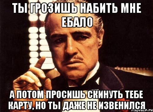 ты грозишь набить мне ебало а потом просишь скинуть тебе карту, но ты даже не извенился, Мем крестный отец