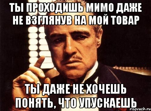 ты проходишь мимо даже не взглянув на мой товар ты даже не хочешь понять, что упускаешь, Мем крестный отец