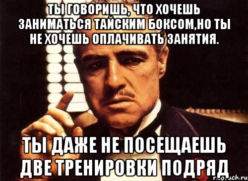 ты говоришь, что хочешь заниматься тайским боксом,но ты не хочешь оплачивать занятия. ты даже не посещаешь две тренировки подряд, Мем крестный отец