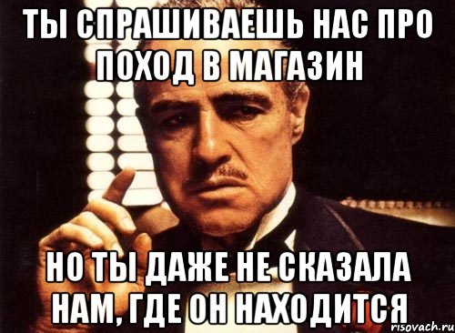 ты спрашиваешь нас про поход в магазин но ты даже не сказала нам, где он находится, Мем крестный отец