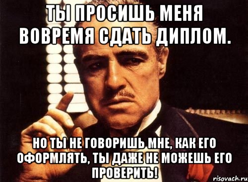 ты просишь меня вовремя сдать диплом. но ты не говоришь мне, как его оформлять, ты даже не можешь его проверить!, Мем крестный отец