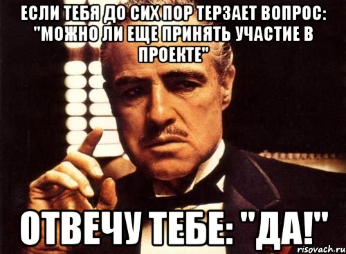 если тебя до сих пор терзает вопрос: "можно ли еще принять участие в проекте" отвечу тебе: "да!", Мем крестный отец