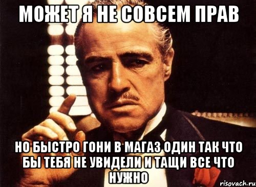 может я не совсем прав но быстро гони в магаз один так что бы тебя не увидели и тащи все что нужно, Мем крестный отец