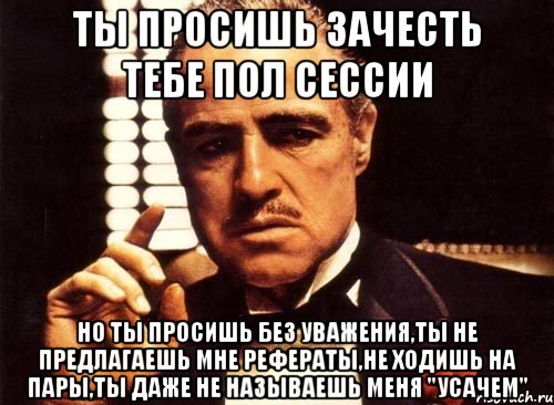 ты просишь зачесть тебе пол сессии но ты просишь без уважения,ты не предлагаешь мне рефераты,не ходишь на пары,ты даже не называешь меня "усачем", Мем крестный отец