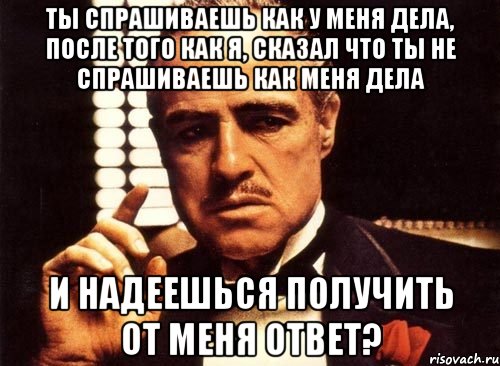 ты спрашиваешь как у меня дела, после того как я, сказал что ты не спрашиваешь как меня дела и надеешься получить от меня ответ?, Мем крестный отец