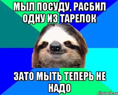 мыл посуду, расбил одну из тарелок зато мыть теперь не надо