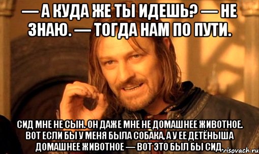 — а куда же ты идешь? — не знаю. — тогда нам по пути. сид мне не сын. он даже мне не домашнее животное. вот если бы у меня была собака, а у ее детёныша домашнее животное — вот это был бы сид., Мем Нельзя просто так взять и (Боромир мем)