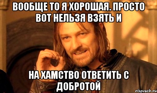 вообще то я хорошая. просто вот нельзя взять и на хамство ответить с добротой, Мем Нельзя просто так взять и (Боромир мем)