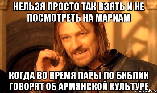 нельзя просто так взять и не посмотреть на мариам когда во время пары по библии говорят об армянской культуре, Мем Нельзя просто так взять и (Боромир мем)