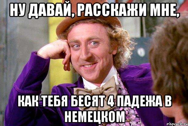 ну давай, расскажи мне, как тебя бесят 4 падежа в немецком, Мем Ну давай расскажи (Вилли Вонка)