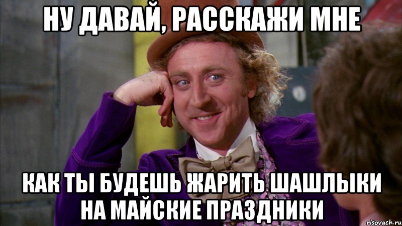 ну давай, расскажи мне как ты будешь жарить шашлыки на майские праздники, Мем Ну давай расскажи (Вилли Вонка)