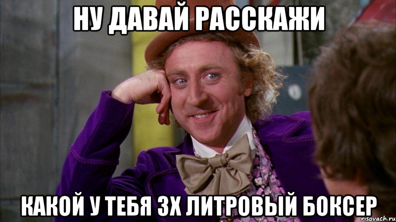 ну давай расскажи какой у тебя 3х литровый боксер, Мем Ну давай расскажи (Вилли Вонка)