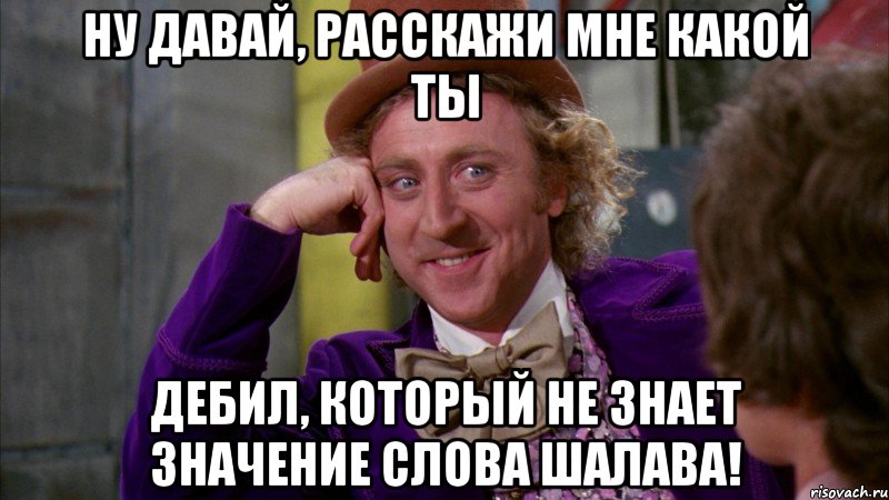 ну давай, расскажи мне какой ты дебил, который не знает значение слова шалава!, Мем Ну давай расскажи (Вилли Вонка)