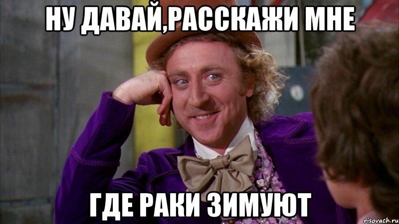 ну давай,расскажи мне где раки зимуют, Мем Ну давай расскажи (Вилли Вонка)