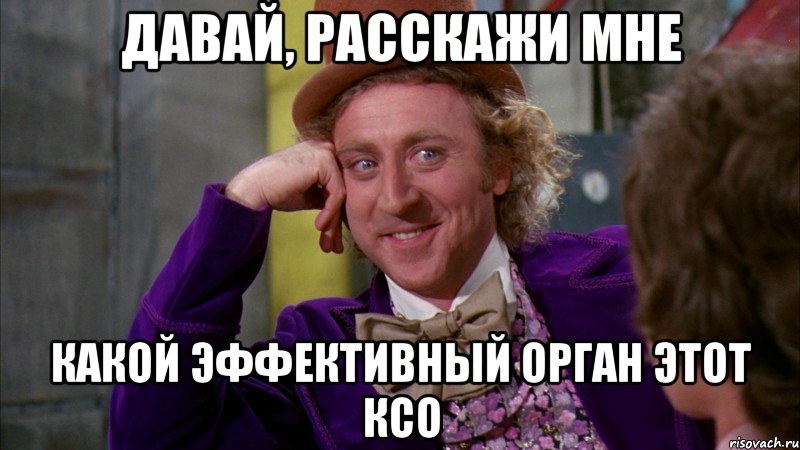 давай, расскажи мне какой эффективный орган этот ксо, Мем Ну давай расскажи (Вилли Вонка)