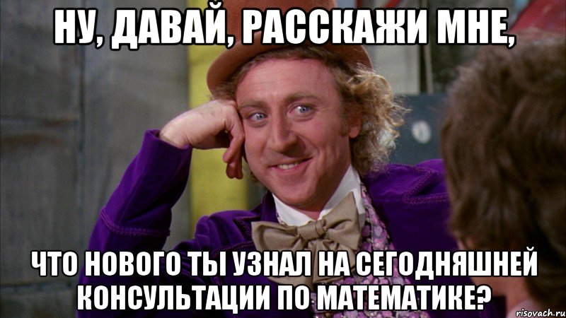 ну, давай, расскажи мне, что нового ты узнал на сегодняшней консультации по математике?, Мем Ну давай расскажи (Вилли Вонка)