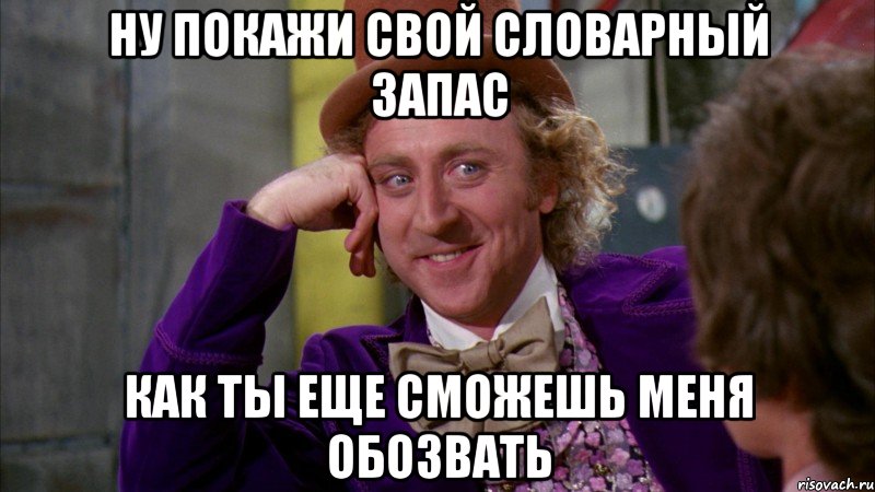 ну покажи свой словарный запас как ты еще сможешь меня обозвать, Мем Ну давай расскажи (Вилли Вонка)