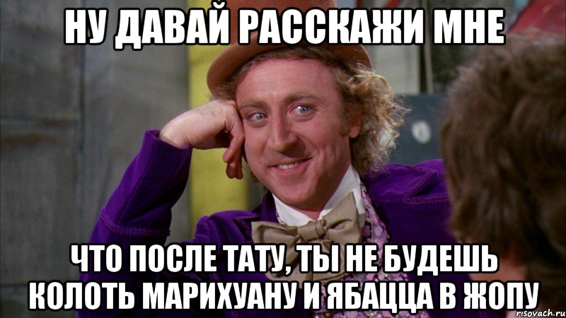 ну давай расскажи мне что после тату, ты не будешь колоть марихуану и ябацца в жопу, Мем Ну давай расскажи (Вилли Вонка)