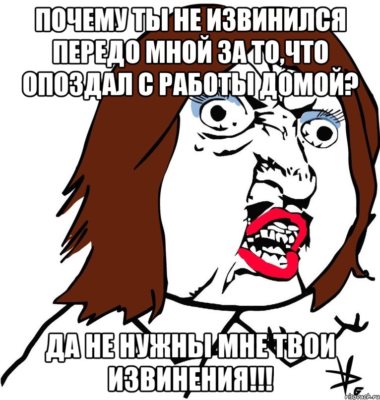 почему ты не извинился передо мной за то,что опоздал с работы домой? да не нужны мне твои извинения!!!, Мем Ну почему (девушка)