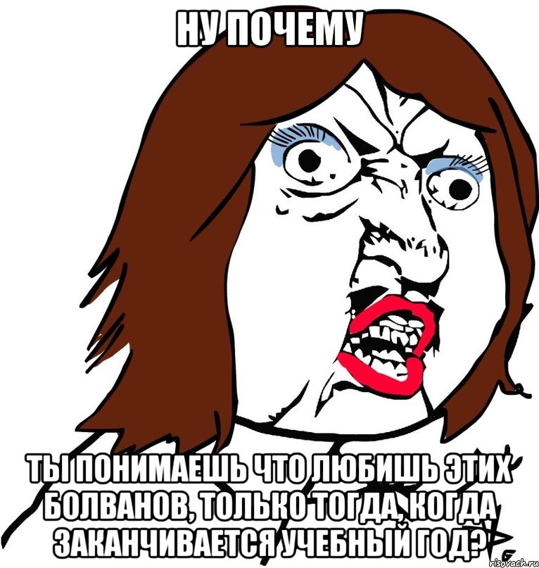 ну почему ты понимаешь что любишь этих болванов, только тогда, когда заканчивается учебный год?, Мем Ну почему (девушка)