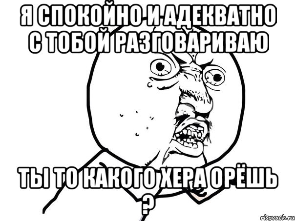 я спокойно и адекватно с тобой разговариваю ты то какого хера орёшь ?, Мем Ну почему (белый фон)