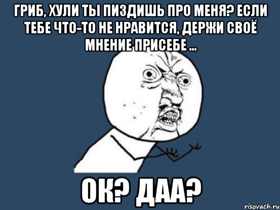 гриб, хули ты пиздишь про меня? если тебе что-то не нравится, держи своё мнение присебе ... ок? даа?, Мем Ну почему