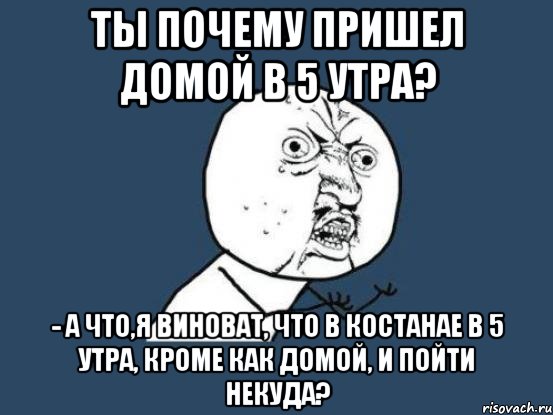 ты почему пришел домой в 5 утра? - а что,я виноват, что в костанае в 5 утра, кроме как домой, и пойти некуда?, Мем Ну почему