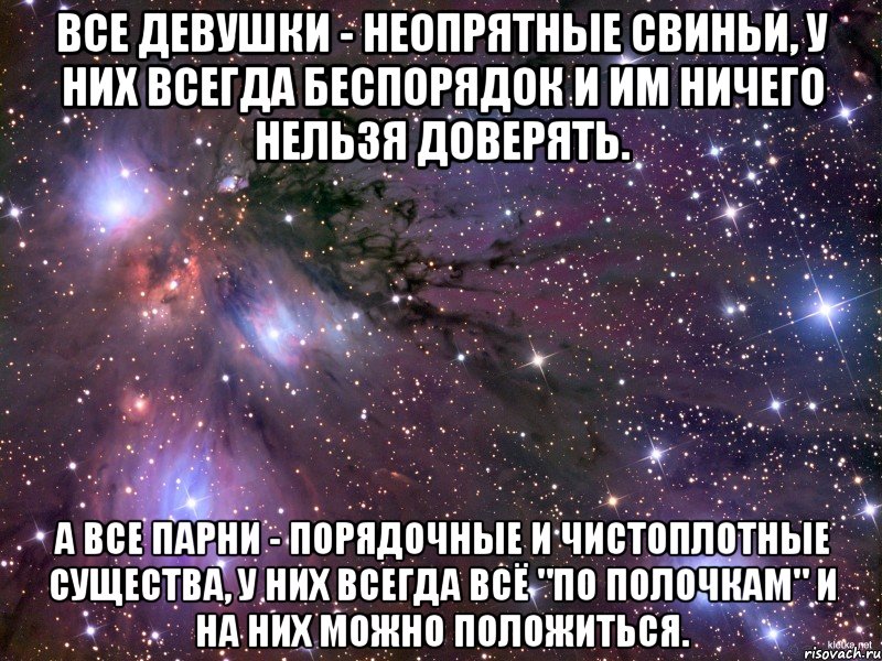 все девушки - неопрятные свиньи, у них всегда беспорядок и им ничего нельзя доверять. а все парни - порядочные и чистоплотные существа, у них всегда всё "по полочкам" и на них можно положиться., Мем Космос