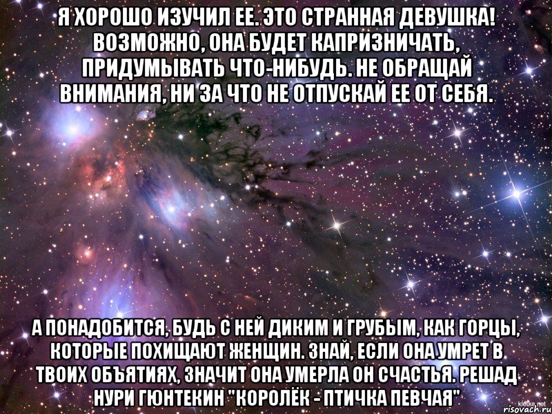 я хорошо изучил ее. это странная девушка! возможно, она будет капризничать, придумывать что-нибудь. не обращай внимания, ни за что не отпускай ее от себя. а понадобится, будь с ней диким и грубым, как горцы, которые похищают женщин. знай, если она умрет в твоих объятиях, значит она умерла он счастья. решад нури гюнтекин "королёк - птичка певчая", Мем Космос