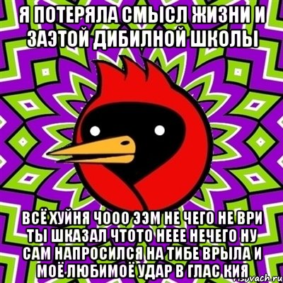 я потеряла смысл жизни и заэтой дибилной школы всё хуйня чооо ээм не чего не ври ты шказал чтото неее нечего ну сам напросился на тибе врыла и моё любимоё удар в глас кия, Мем Омская птица