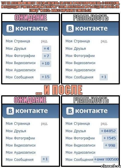 Тот не ловкий момент когда сидишь на уроке и разговариваешь с соседом, и подходит учительница и говорит" Свои любовные игры будете играть на улице " и весь класс начанает смеяться, Комикс  Ожидание реальность 2