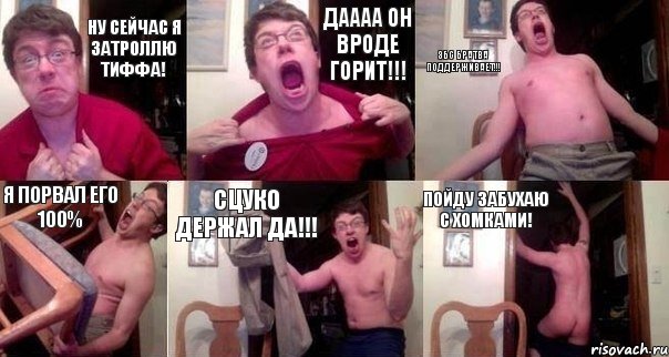 Ну сейчас я затроллю Тиффа! Даааа он вроде горит!!! ЗБС братва поддерживает!!! Я порвал его 100% СЦУКО держал да!!! Пойду забухаю с Хомками!, Комикс  Печалька 90лвл