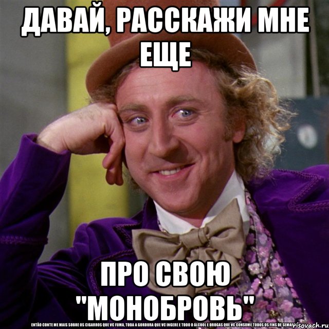 давай, расскажи мне еще про свою "монобровь", Мем Ну давай расскажи (Вилли Вонка)