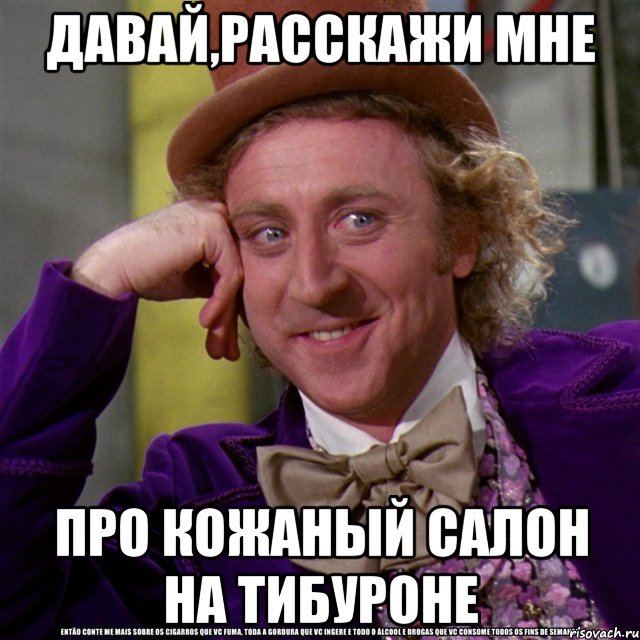 давай,расскажи мне про кожаный салон на тибуроне, Мем Ну давай расскажи (Вилли Вонка)