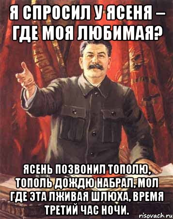 я спросил у ясеня – где моя любимая? ясень позвонил тополю, тополь дождю набрал, мол где эта лживая шлюха, время третий час ночи., Мем  сталин цветной