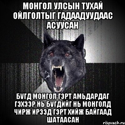 монгол улсын тухай ойлголтыг гадаадуудаас асуусан бvгд монгол гэрт амьдардаг гэхээр нь бvгдийг нь монголд чирж ирээд гэрт хийж байгаад шатаасан, Мем Сумасшедший волк